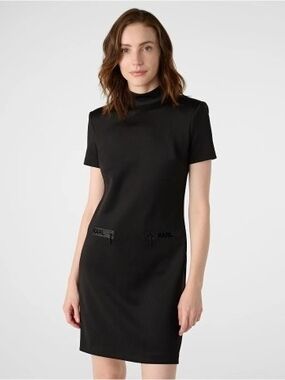 Karl Lagerfeld Black Short-Sleeve Mock-Neck Mini Dress with Logo Pockets